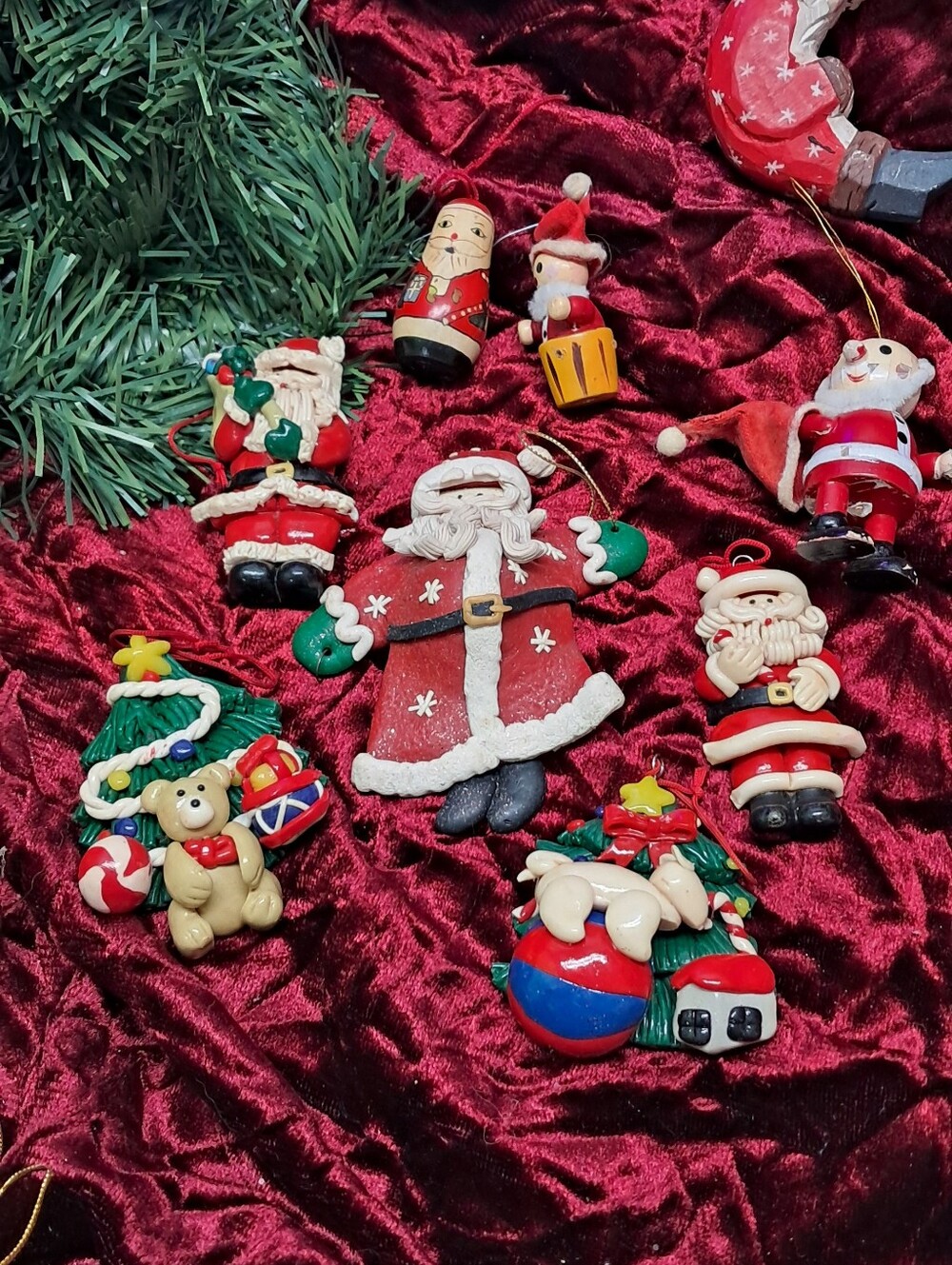 Vintage Wood And Molded Clay Assorted Santa & Christmas Ornaments ' 70sAnd '80s